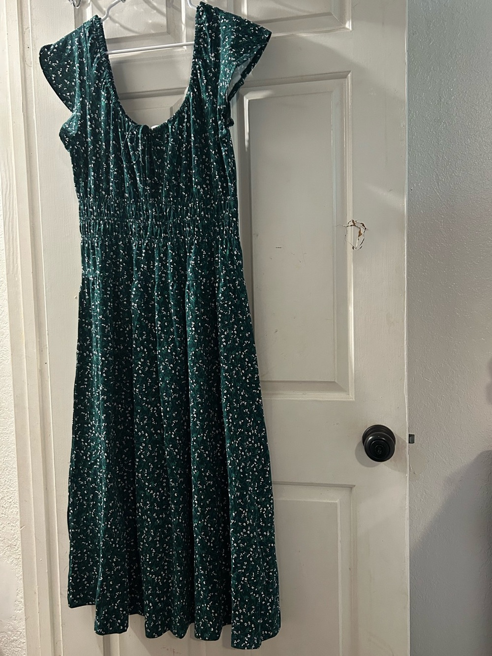 LOFT Dark Green Floral Midi Dress with Flutter Sleeves